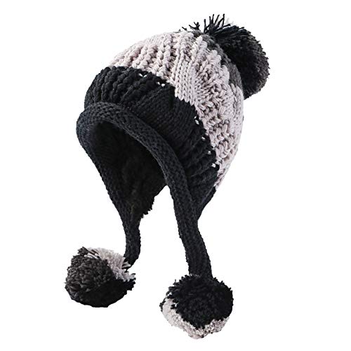HUAMULAN Women Winter Sherpa Knit Beanie Hat Fleece Lined Ear Flaps - color: Grey Black