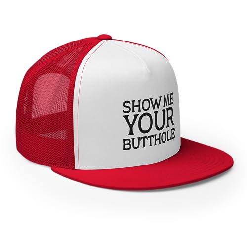 Show Me Your Butthole Premium Trucker Hat Flat Bill High Crown Adjustable Funny Cap - color: Red/ White/ Red
