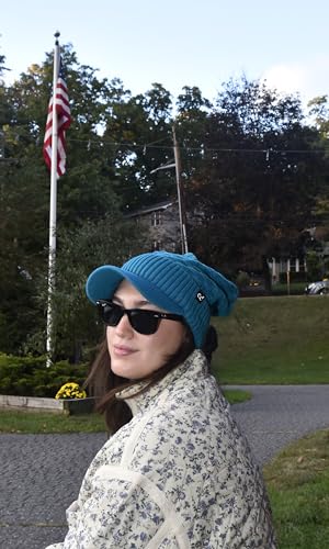 C.C Fuzzy Fleece Lined Warm Oversized Chunky Soft Stretchy Oversized Two Way Ribbed Slouchy Knit Hat with Visor Brim - color: Teal Blue