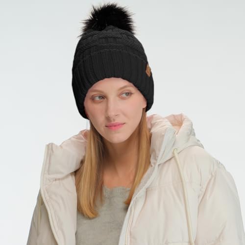 C.C Knit Beanie Hat – Fuzzy Fleece Lined Warm Winter Hat, Faux Fur Pom Soft Stretchy Slouchy Knit Cap, Cold Weather Beanie - color: Black / Black Pom