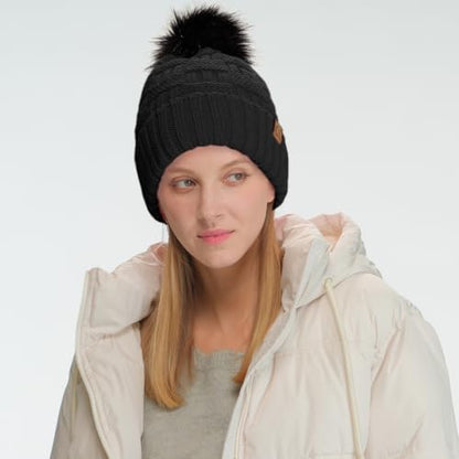 C.C Knit Beanie Hat – Fuzzy Fleece Lined Warm Winter Hat, Faux Fur Pom Soft Stretchy Slouchy Knit Cap, Cold Weather Beanie - color: Black / Black Pom