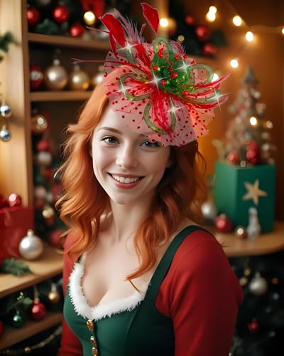 Women Fascinator Hats LED Light Up Headband for Tea Party Halloween Night Headwear Christmas Mardi Gras - color: Red Green