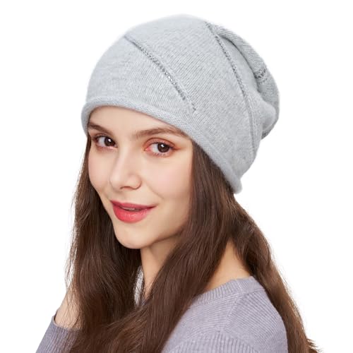 Women's Knitted Angora Wool Hat for Autumn and Winter Warm and Stylish with Rolled Brim and Slanted Rhinestones Cap - color: New-silver