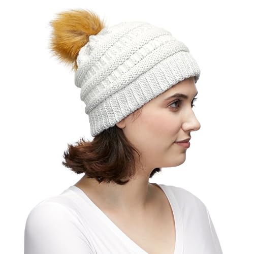 C.C Fur Pom Winter Fall Trendy Chunky Stretchy Cable Knit Beanie Hat - color: Solid Ivory
