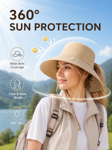 Women Summer Wide Brim Sun Hat UV Protection Ponytail Hole Waterproof Foldable Bucket Hat for Beach Hiking Travel - color: Gray