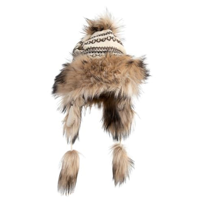 Cross Stitch Knit Fleece Lined Faux Fur Trapper Beanie Hat with String - color: Beige