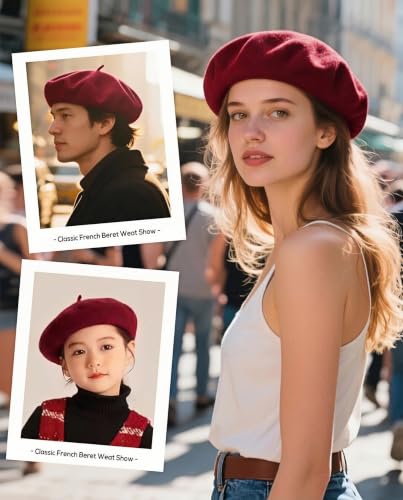 Wool French Beret Hats for Women Classic Winter Beanie Cap - color: Wine Red
