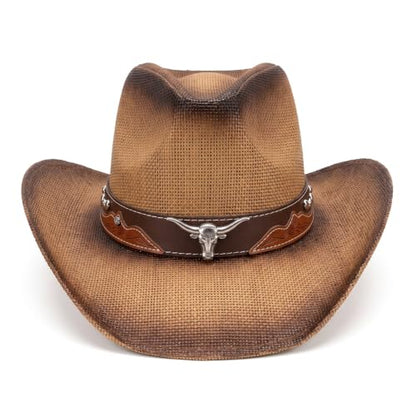 Straw Cowboy Hats for Women and Men - color: Sf-bronw, size: Medium