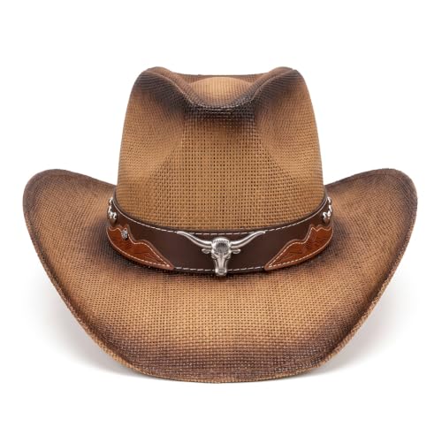 Straw Cowboy Hats for Women and Men - color: Sf-bronw, size: Medium