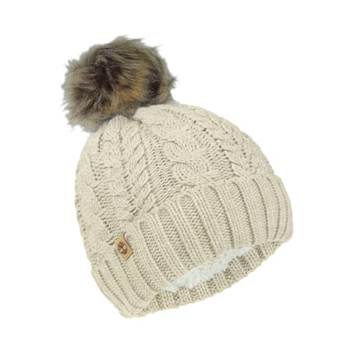 Timberland Women’s Cable Knit Faux Fur Pom Beanie - Soft Winter Hat, Ribbed Cuff, Warm Lining, Stylish Cozy Cold Weather Wear - color: Angora