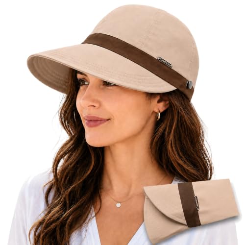 UPF 50+ Foldable Packable Wide Brim Sun Hat for Women with Ponytail Hole - color: Khaki-brown