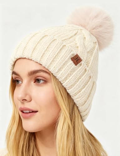 DS DADOU&XIAOSHAN Winter Hats for Women, Fleece Lined Beanie with Pom Pom, Girls Womens Knit Hat Beanies Toboggan - color: Beige