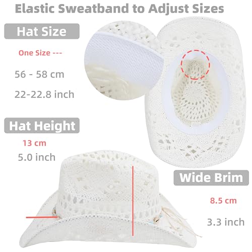 Straw Cowboy Hat for Women and Men with Shapeable Wide Brim Sun Beach Western Cowgirl Hat - color: White-m