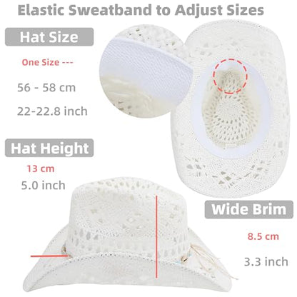 Straw Cowboy Hat for Women and Men with Shapeable Wide Brim Sun Beach Western Cowgirl Hat - color: White-m
