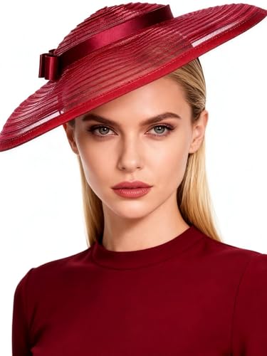 Vintage Fascinators Pillbox Hat for Women Straw Fedora Wide Brim Ladies Church Sinamay Derby Hats - color: Wine Red