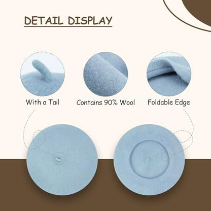 Gllutt Women Wool Beret Hat French Style Solid Color - color: Sky Blue