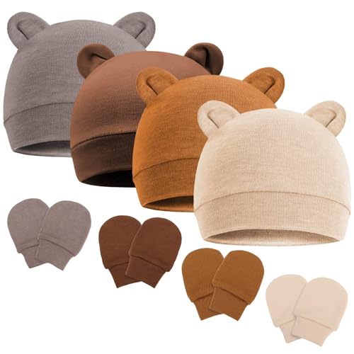 Newborn Baby Hat and Mittens Set Bear Ears Toddler Infant Beanie Caps Newborn Hospital Hat for Baby Boy Girl 0-3 Months - color: Bear Ear R