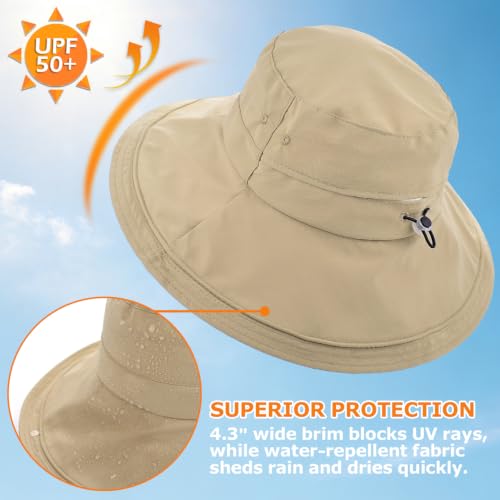 Women's UPF 50+ Waterproof Wide Brim Sun Bucket Hat with Ponytail Hole - color: Camel