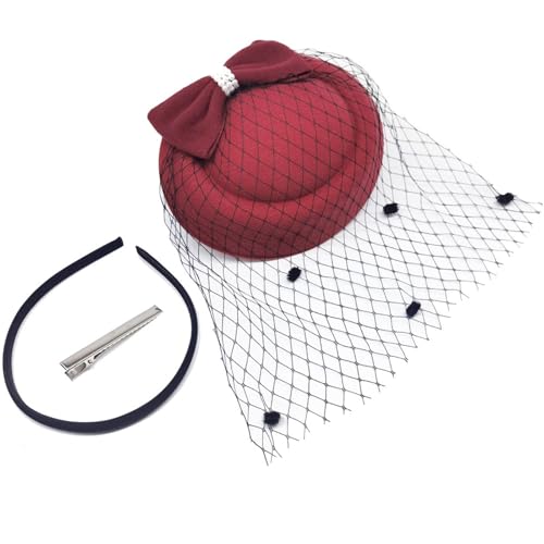 Small Fascinator Hats Pillbox Derby hat with Veil for Women Tea Party Bridal Wedding Halloween Church Cocktail - color: Red