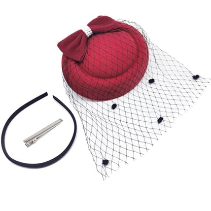 Small Fascinator Hats Pillbox Derby hat with Veil for Women Tea Party Bridal Wedding Halloween Church Cocktail - color: Red
