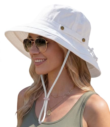 Sun Hats for Women, Wide Brim Beach Hat, Linen Cotton, UPF 50+, Breathable Packable, Gardening Hiking Travel - color: White