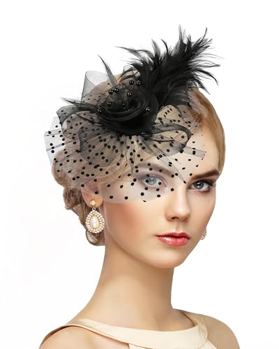 Zinniday Victoria Fascinators Hats for Women - 2026 Kentucky Feather Mesh Derby Hat 1920s Tea Party Headwear for Church - color: Black