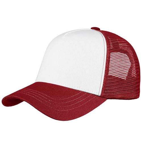Falari 5-Panel Mesh Baseball Cap, Trucker Hat, Structured Plain Design, Cotton, Adjustable Size - color: 1pk Burgundy