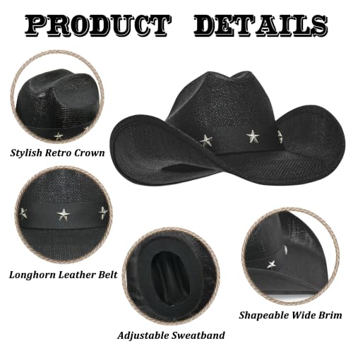 FLUFFY SENSE. Cowboy Hat for Women and Men - Straw Cattleman Crease Western Hats with Upgrade 4 inches Shapeable Wide Brim - color: Black