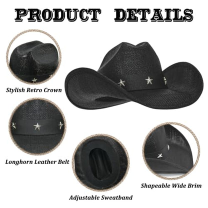 FLUFFY SENSE. Cowboy Hat for Women and Men - Straw Cattleman Crease Western Hats with Upgrade 4 inches Shapeable Wide Brim - color: Black