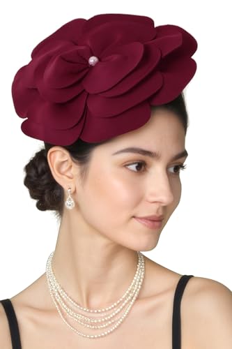 BABEYOND Fascinators Hats for Women Layered Flower Tea Party Derby Hats - color: Wine Red