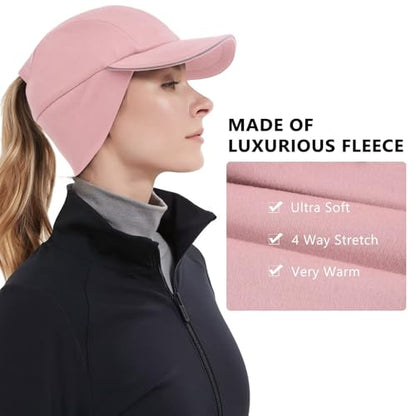 GADIEMKENSD Women's Winter Reflective Fleece Ponytail Hat with Drop Down Ear Warmer - color: Pink