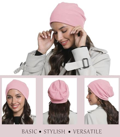 Slouchy Beanie for Women Men Thin Knit Winter Hat 93% Cotton Beanies - color: Pink