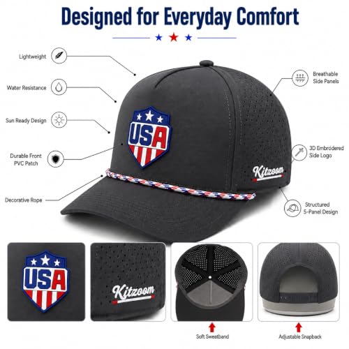 Patriotic Golf Rope Hat for Men, 5 Panel Adjustable Snapback Outdoor Cap - color: Charcoal Gray