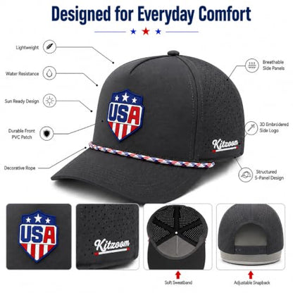 Patriotic Golf Rope Hat for Men, 5 Panel Adjustable Snapback Outdoor Cap - color: Charcoal Gray
