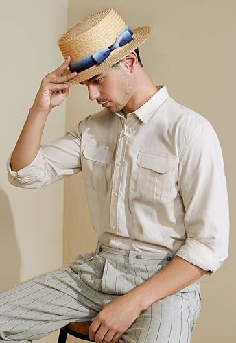 BABEYOND Men's Straw Boater Hat, 1920s Gatsby Summer Costume Accessory - color: Blue, size: Large-X-Large