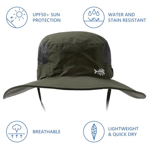 BASSDASH UPF 50+ Fishing Sun Hat Water Resistant Unisex Wide Brim Bucket Boonie Hat for Hiking Camping Safari FH15 - color: Army Green, size: Large