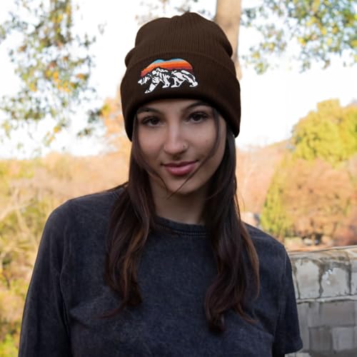 Knit Winter Beanie Hats for Men Women Cuffed Skull Cap with Mountain Embroidery Outdoor Christmas & New Year Gifts - color: Bear/Coffee