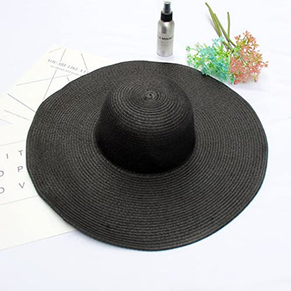 Big Beach Hats for Women Foldable Summer Wide Brim Packable Oversized Sun Hat Lady Girl Travel Straw Cap - color: Black