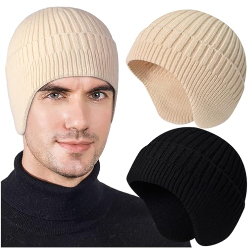 Heniho 2pcs Winter Beanies with Ear Flaps for Men Women, Warm Knit Earflaps Cap Thick Hats - color: G- Black, Beige