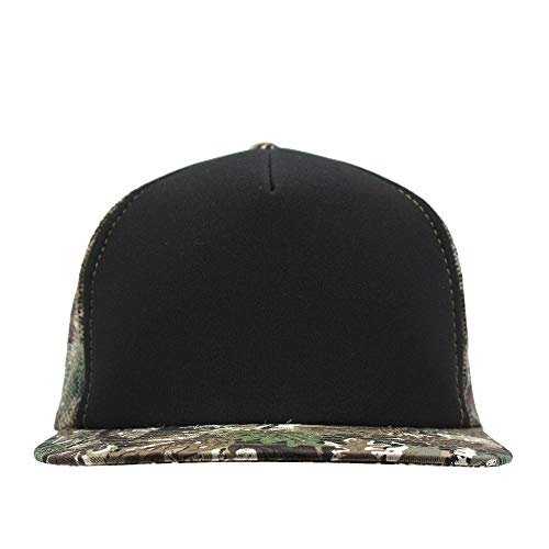 Plain Cotton Twill Flat Brim Mesh Adjustable Snapback Trucker Baseball Cap - color: Brown Camo/Black/Brown Camo