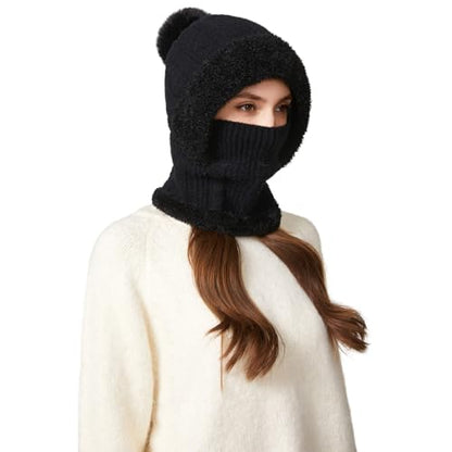 HUAMULAN Women Cable Knit Balaclavas Winter Fleece Lined Beanie Hat - color: Solid Black