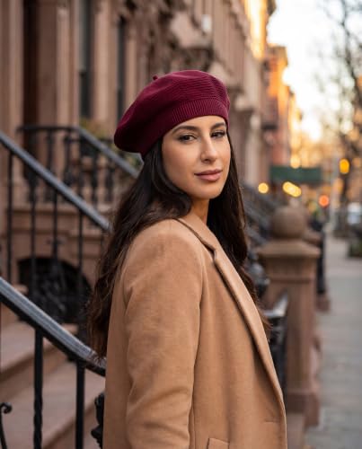 Cotton Knitted Women Beret Hat, French Style Solid Color Beret, Winter Autumn Warm and Soft Beanie Hat - color: Wine Red