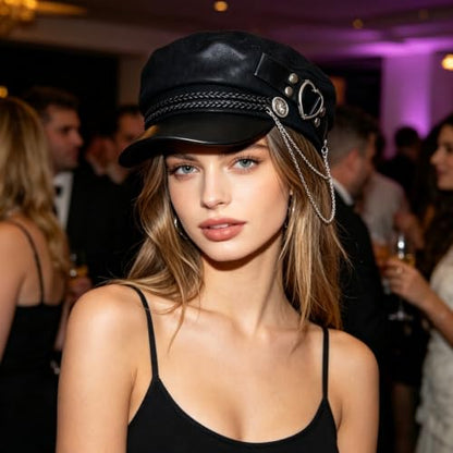 Women’s Black Newsboy Cap Gothic Beret with Chain Heart Buckle/Crown Accents Flat Top Visor Baker Boy Sailor Hat - color: Black With Heart Buckle Chain