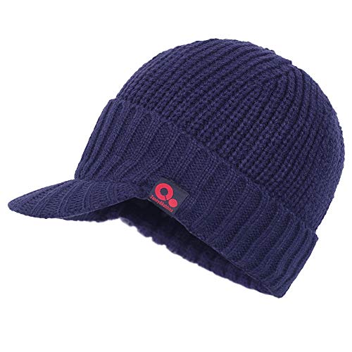 Janey&Rubbins Men‘s Stylish Knit Visor Brim Beanie Hats Fleece Lined Skull Ski Caps - color: Blue