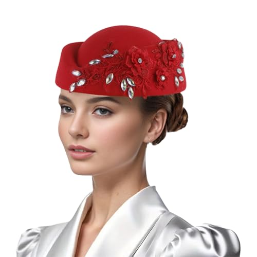 Women Vintage Church Hat Applique Felt Pillbox Hat Fascinator Tea Party Cap - color: Red