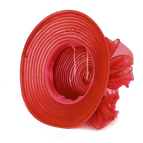 DRESHOW Lady Derby Dress Church Bowler Cloche Hat Bowknot Organza Bridal Cap for Wedding - color: 1 Pc: Red