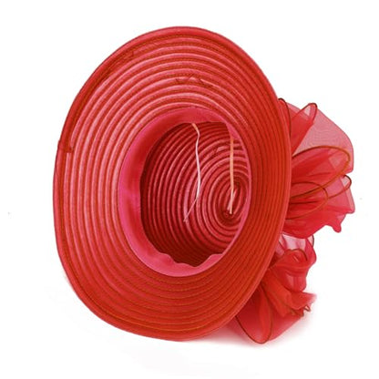 DRESHOW Lady Derby Dress Church Bowler Cloche Hat Bowknot Organza Bridal Cap for Wedding - color: 1 Pc: Red