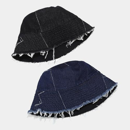 Quanhaigou Frayed Unisex Sun Hats, Fashion Beach Bucket Hat for Men Women,Summer Outdoor Boy's Girls Boonie Cap - color: Irregular Denim Black