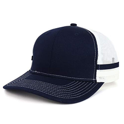 Trendy Apparel Shop Two Striped Flatbill Snapback Trucker Mesh Cap - color: Rich Navy Rich Navy