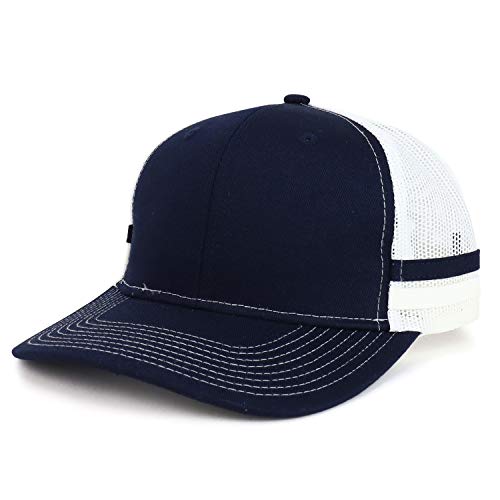 Trendy Apparel Shop Two Striped Flatbill Snapback Trucker Mesh Cap - color: Rich Navy Rich Navy